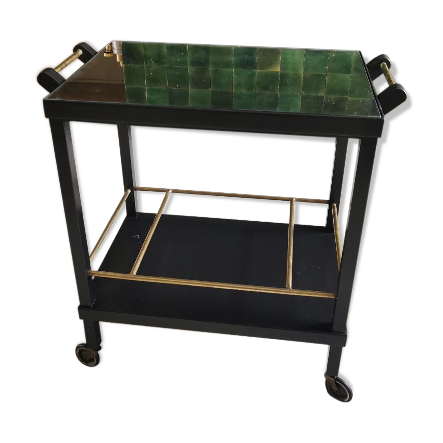 Art Deco wooden mirror and brass rolling service