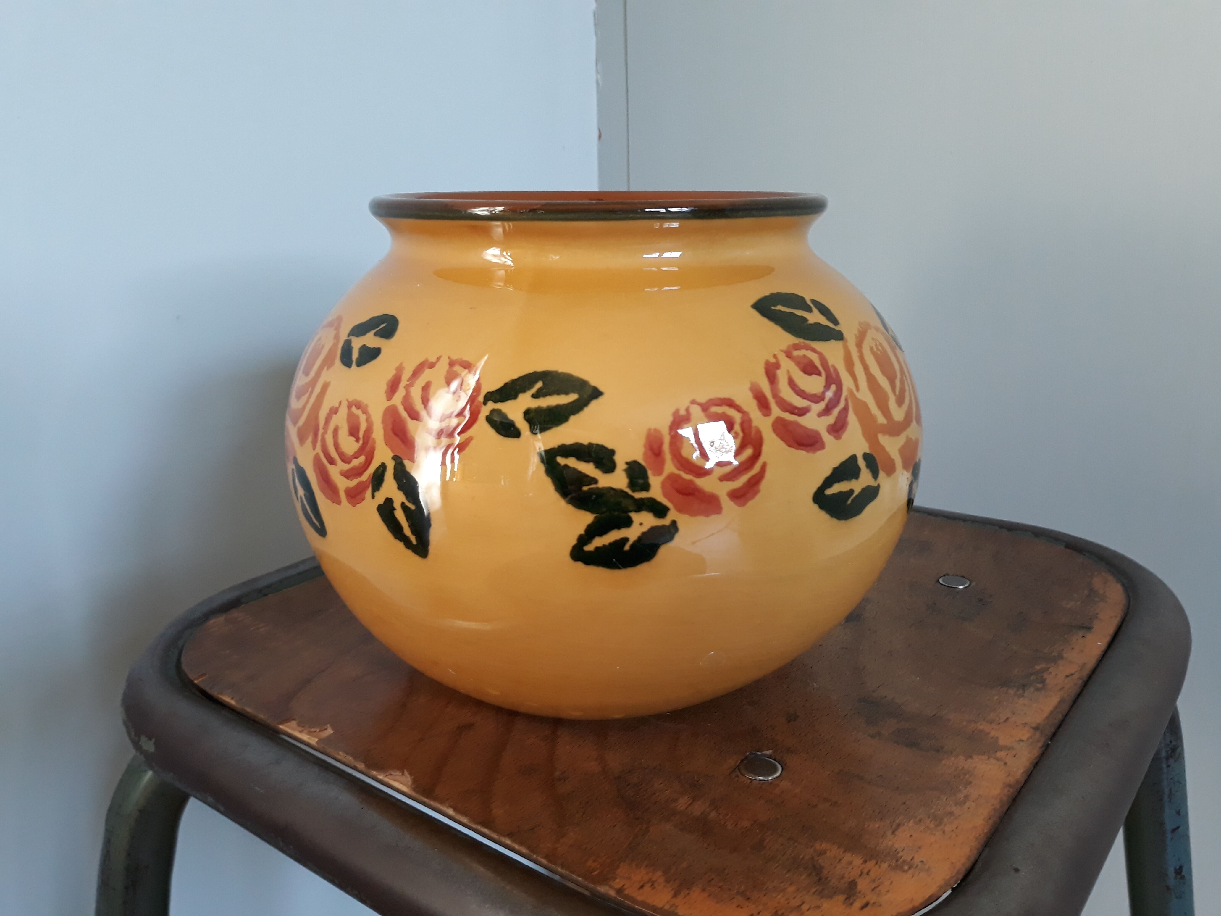 Ceramic vase enamelled yellow mustard ball shape