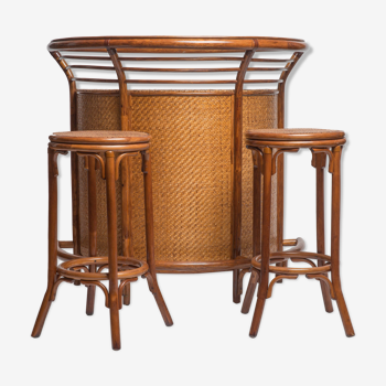 Rattan bar and 2 stools 80