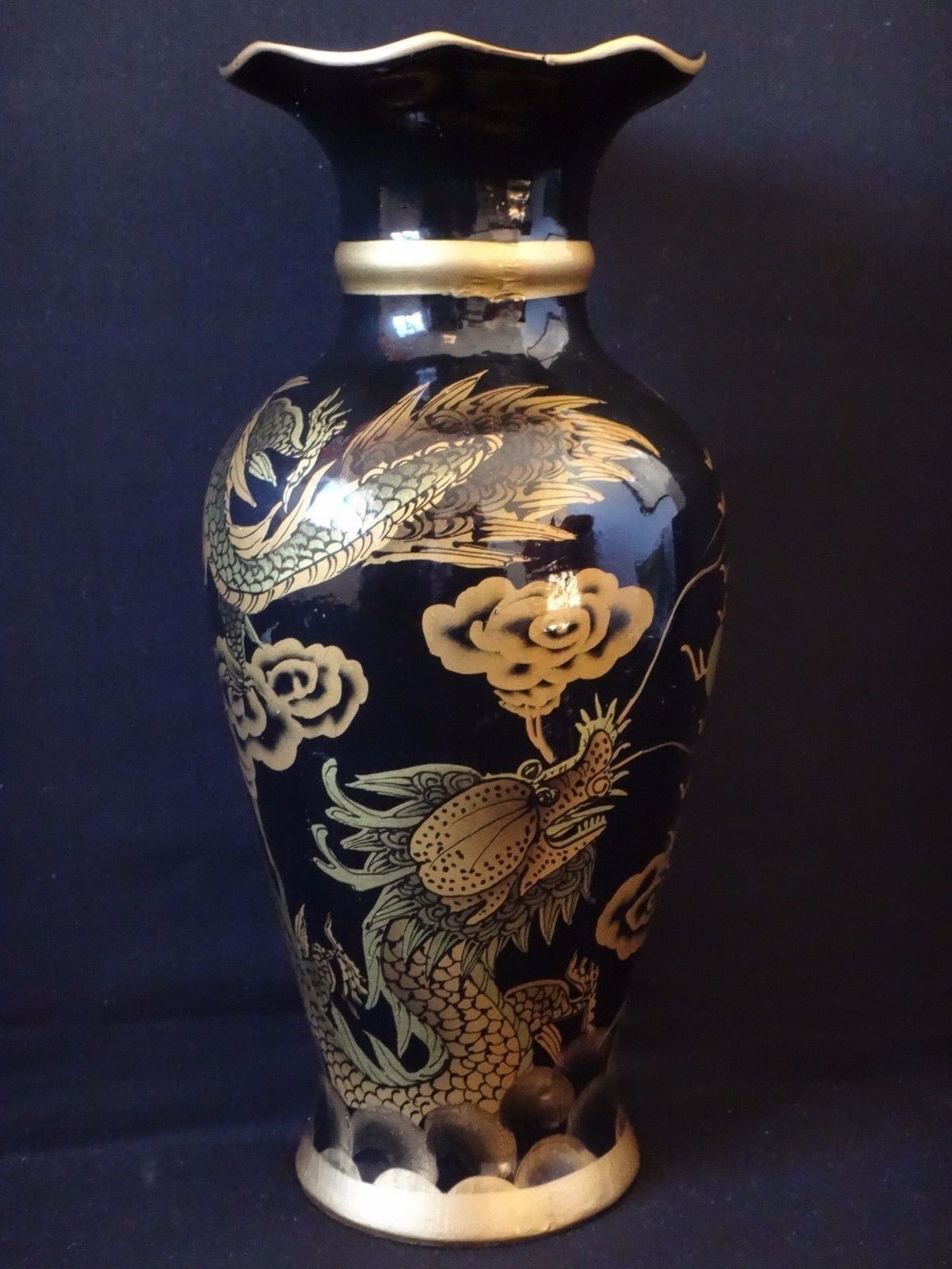 Chinese painted dragon metal vase chasing sacred pearl lacquered Vietnal 34cm