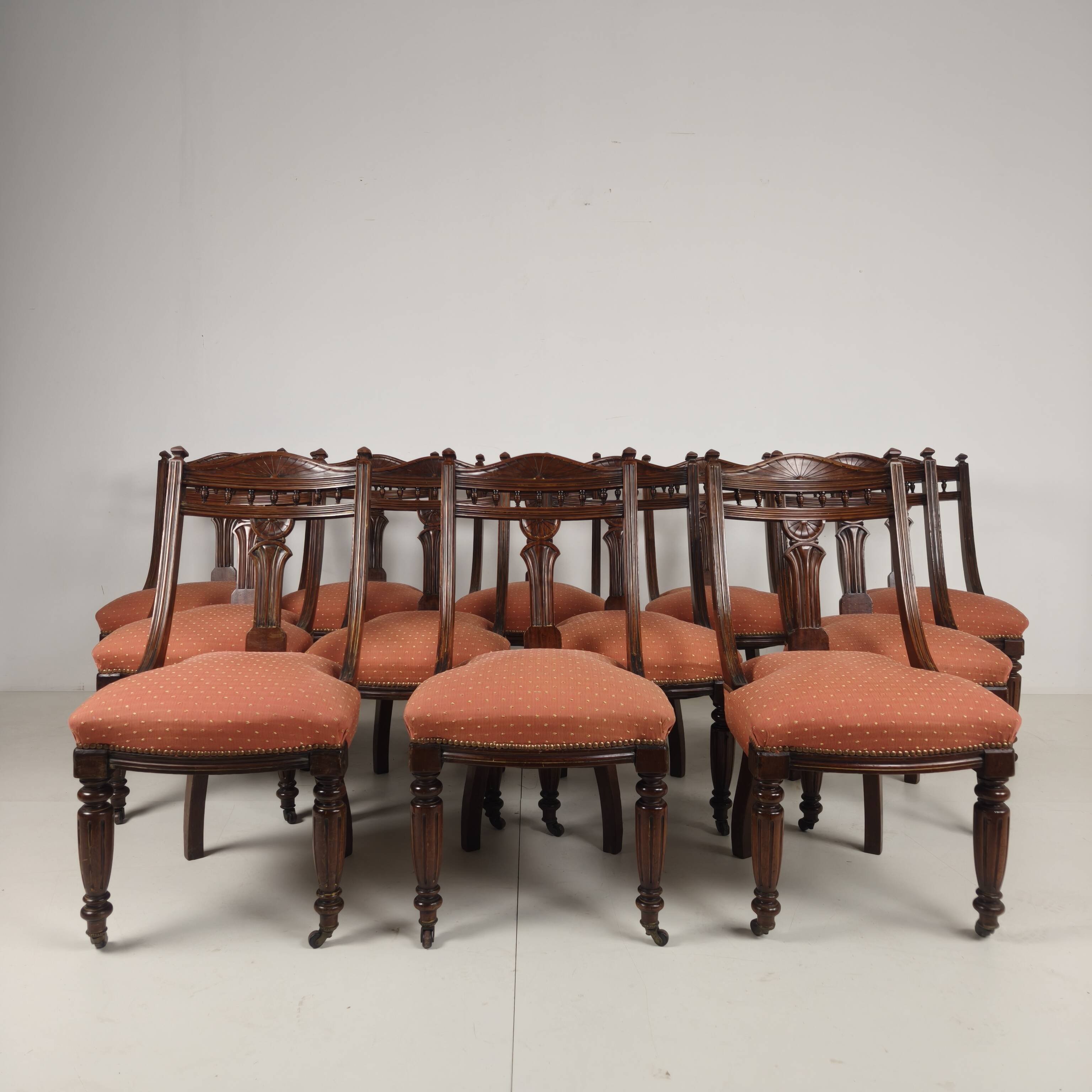 Set of 12 Late Victorian Walnut Dining Chairs with Original Castors