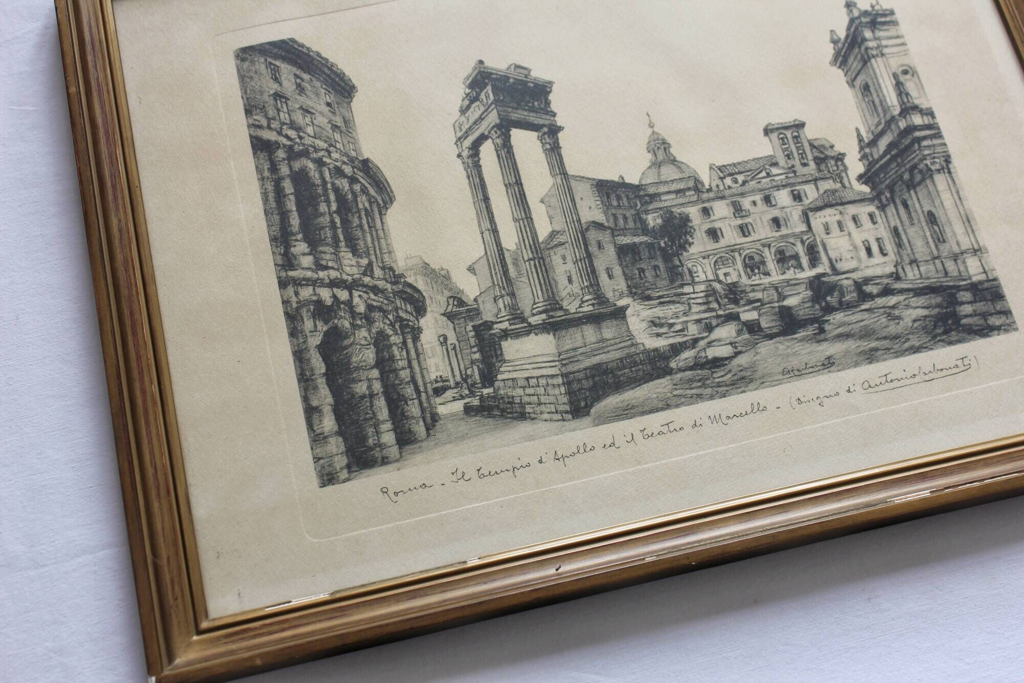 Framed lithograph reproduction drawing ruins of Rome by Antonio Carbonati vintage