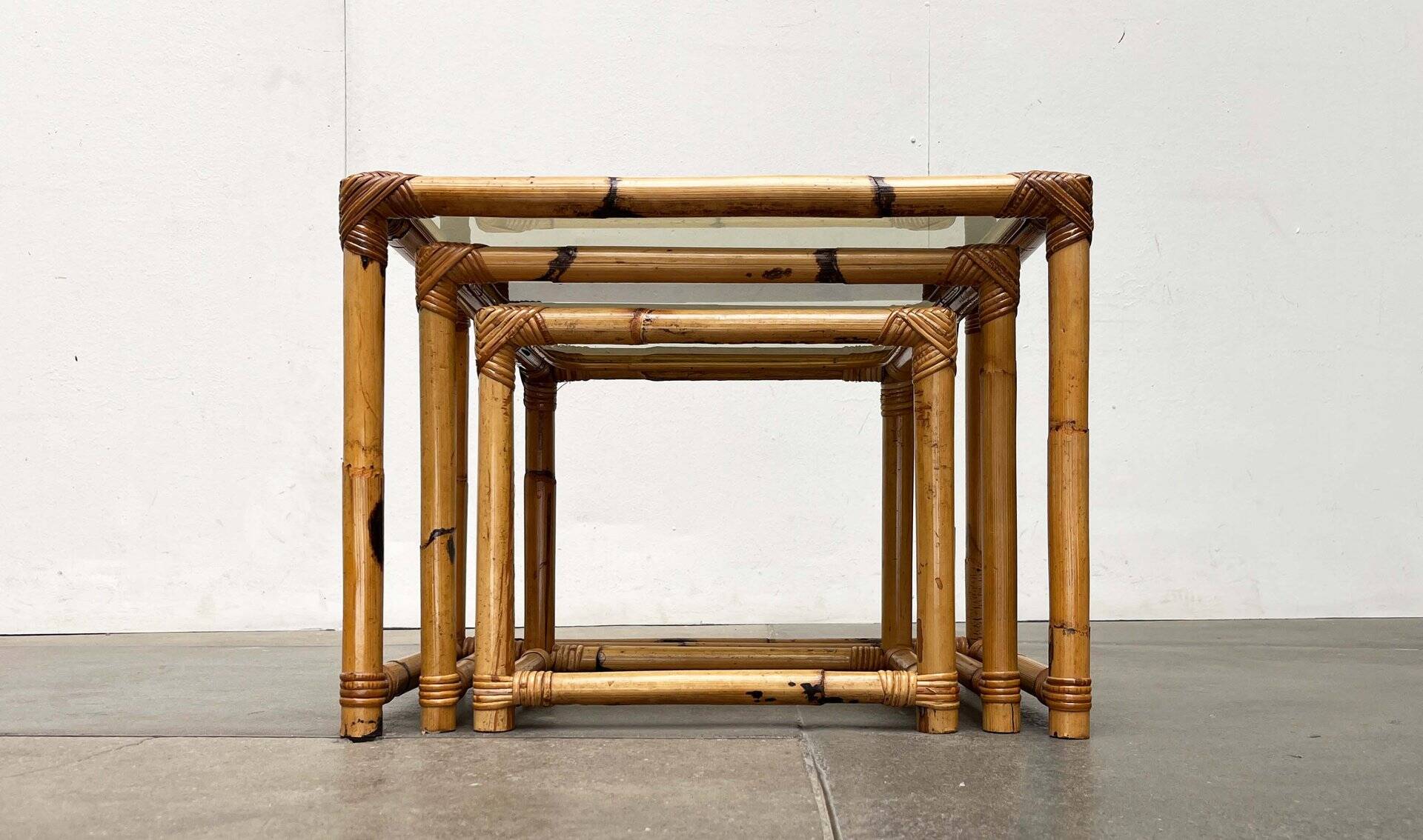 Nest of bamboo and glass tables in mid-century style, 1960s, set of 3.