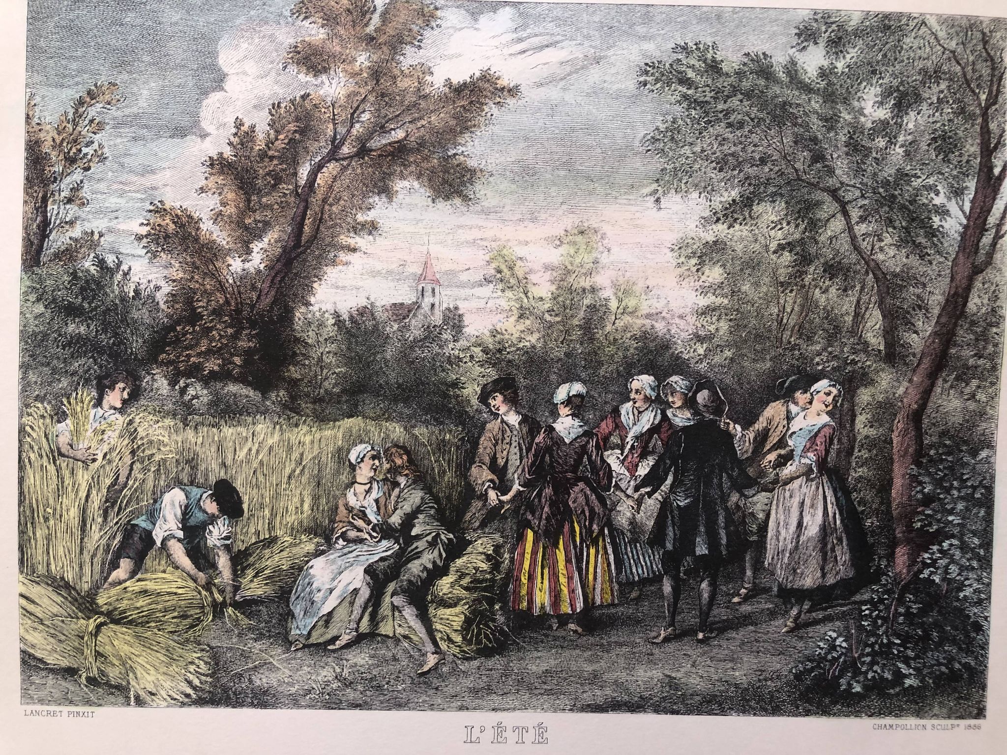 Set 4 lithograph les saisons after nicolas lancret, engraver chapollion and de mare, 20th century print