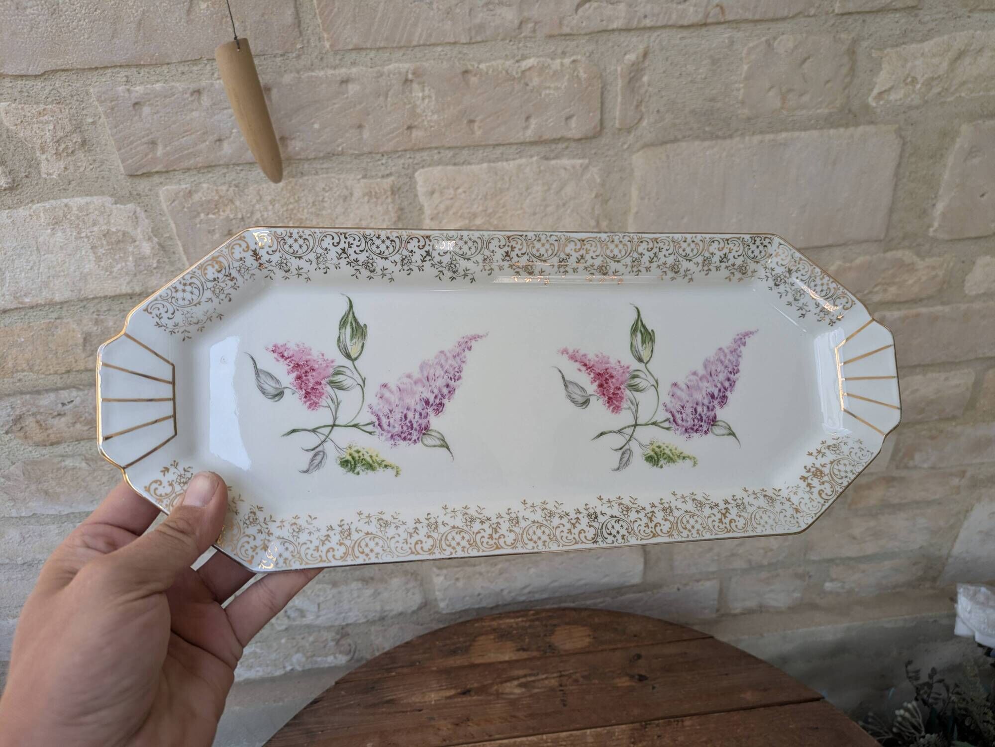 Limoges enamel porcelain cake dish LF with lilac flower decoration.
