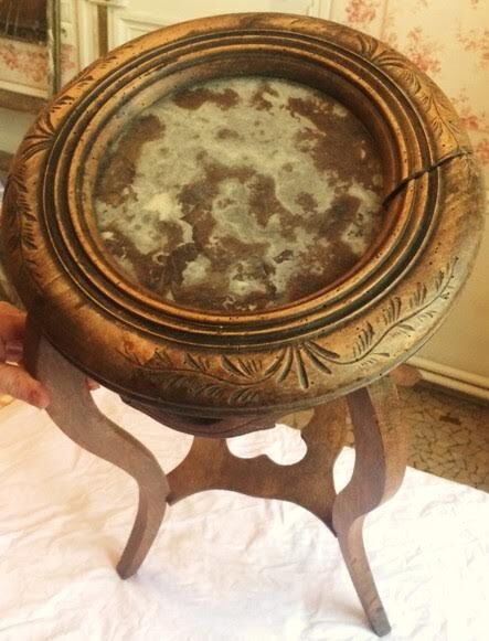 Pedestal table wood top marble