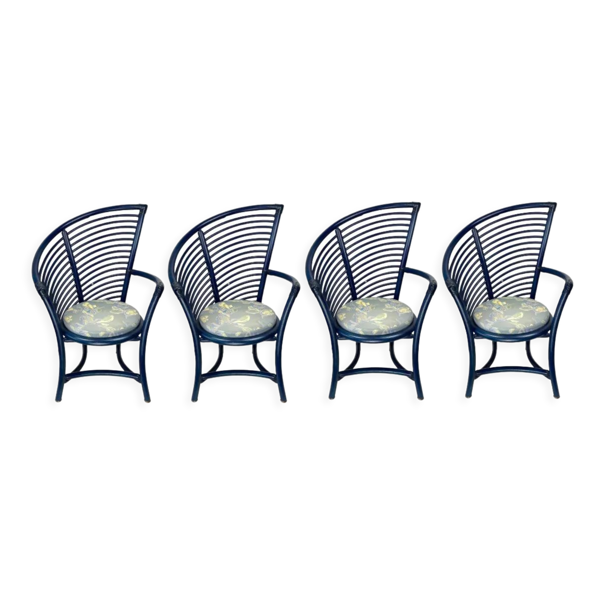 Set of 4 sculptural rattan bamboo dining chairs, Flechtatelier Schütz, Germany 1980s