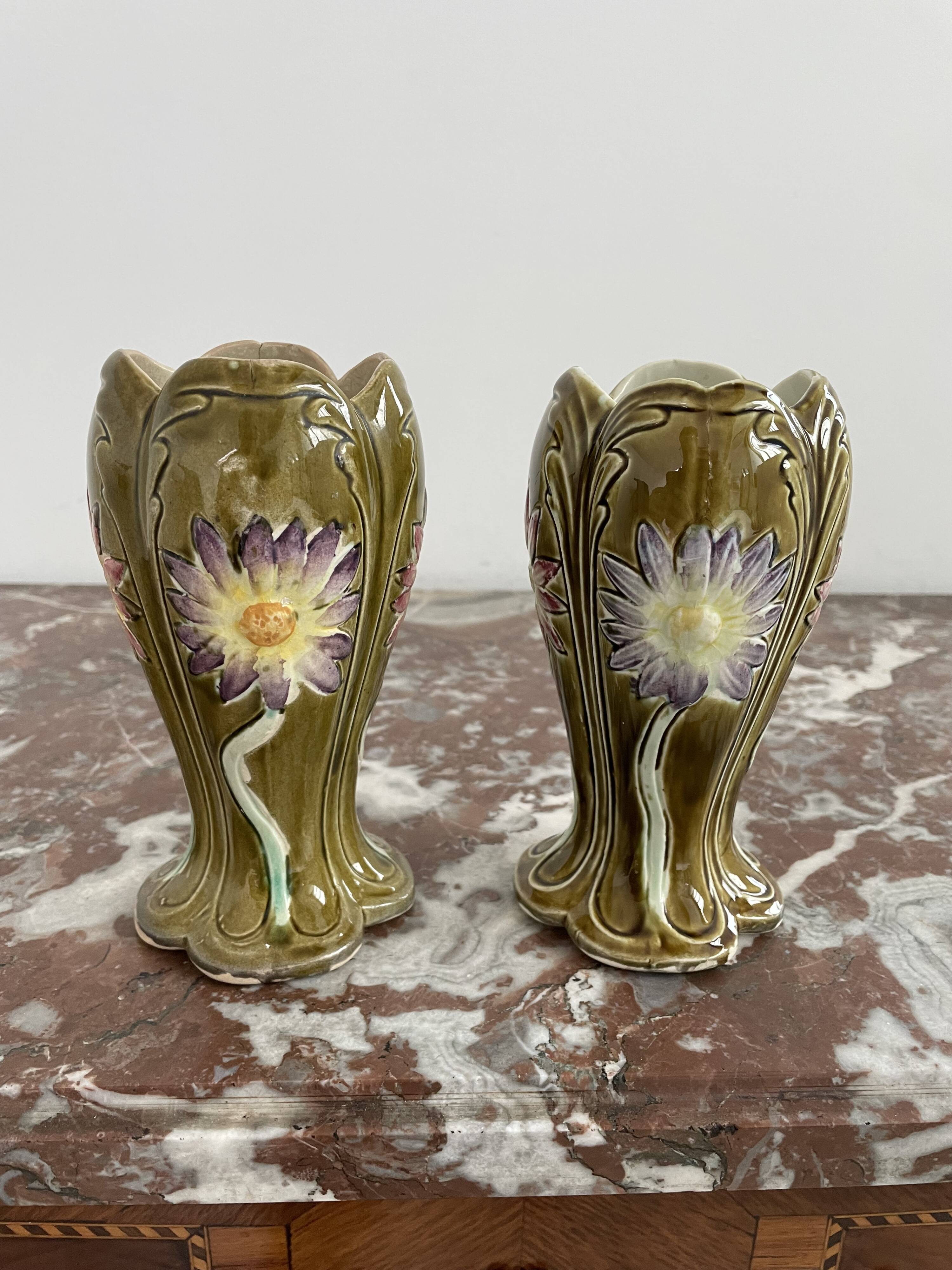 Barbotine vases, pair, Art Nouveau, DE BRUYN earthenware, signed, numbered