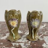 Barbotine vases, pair, Art Nouveau, DE BRUYN earthenware, signed, numbered