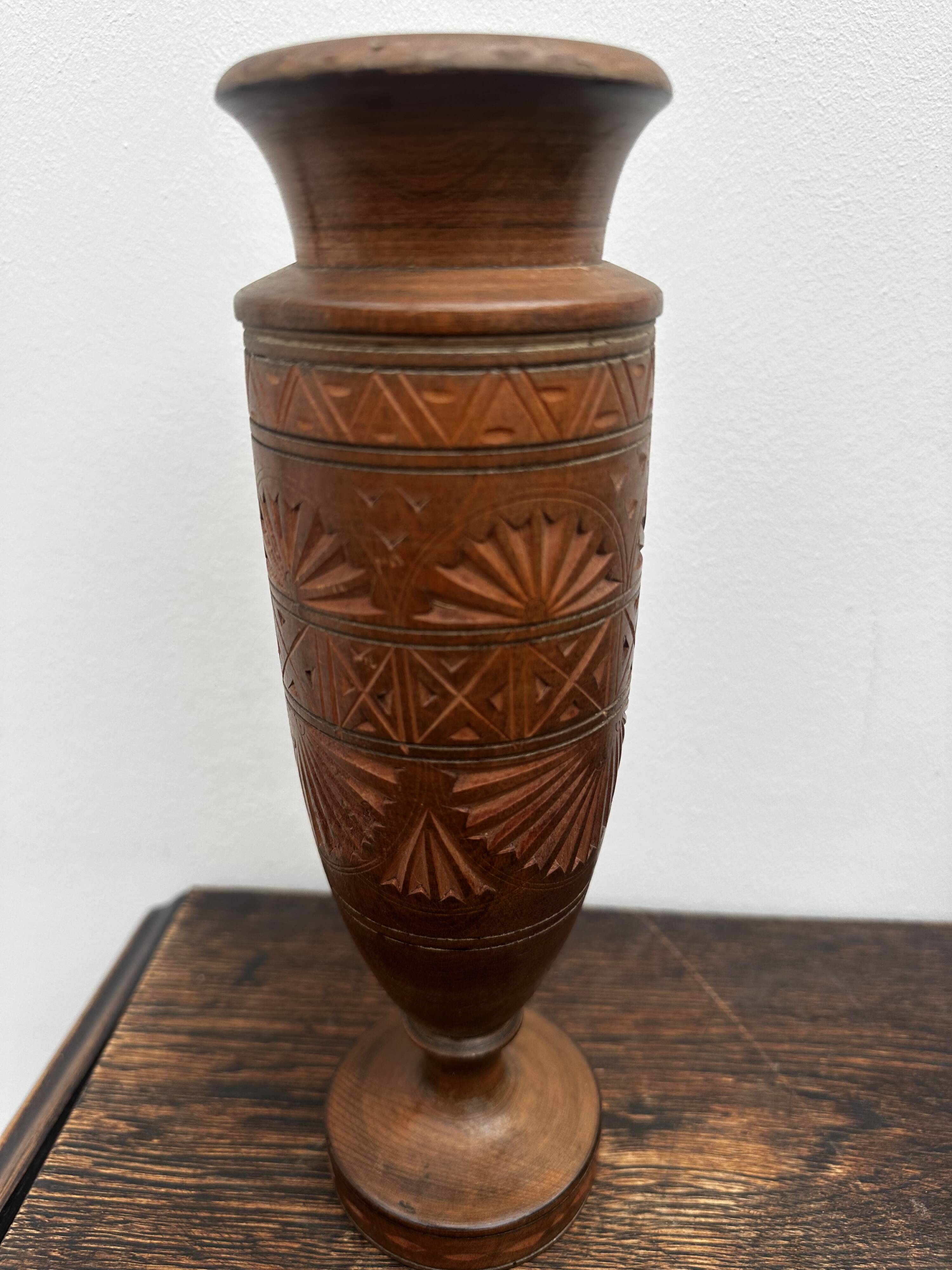 Turned and carved wooden vase, mid-20th century