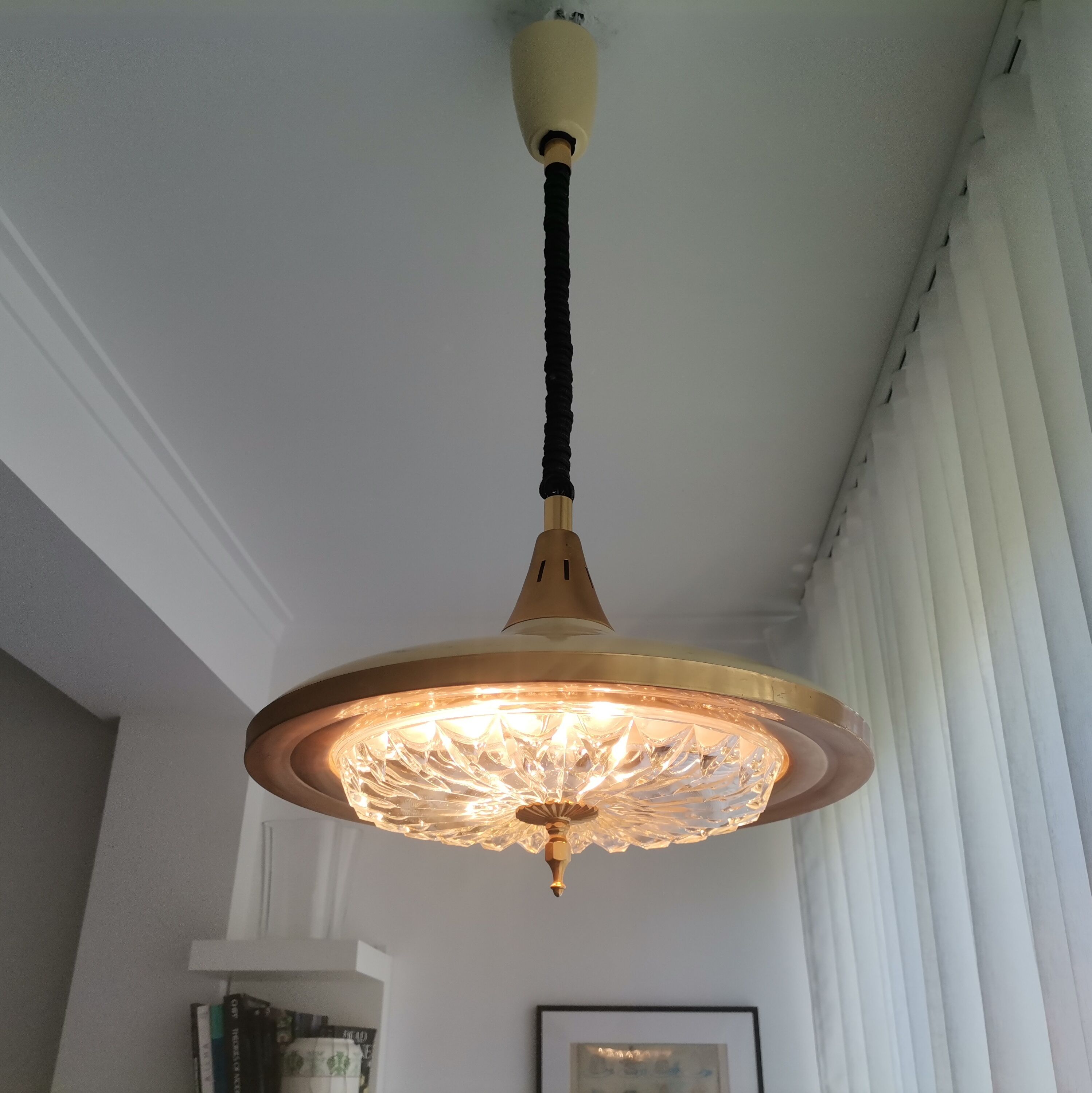 1960s mid century cream metal and crystal pull down large hanging lamp