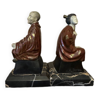 Bookends in spelter and marble