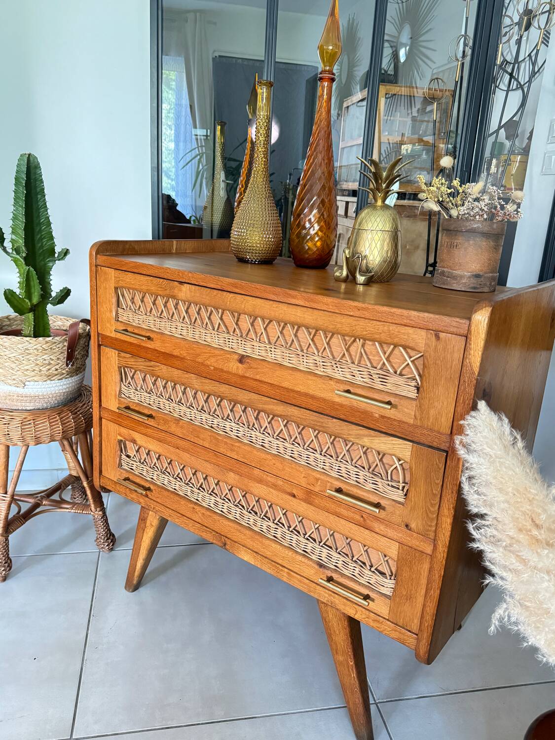 Old vintage wooden and rattan chest of drawers