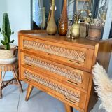 Old vintage wooden and rattan chest of drawers