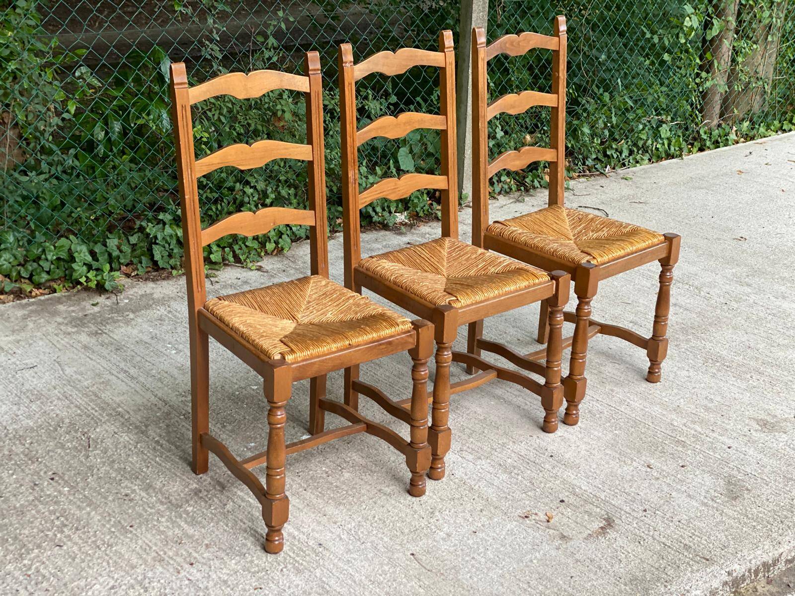 3 solid wood straw chairs, firm type, high back