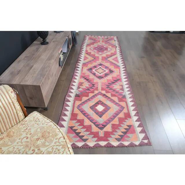 1970s Turkish Oushak Handmade Wool Cotton Pink Runner Rug 95x333