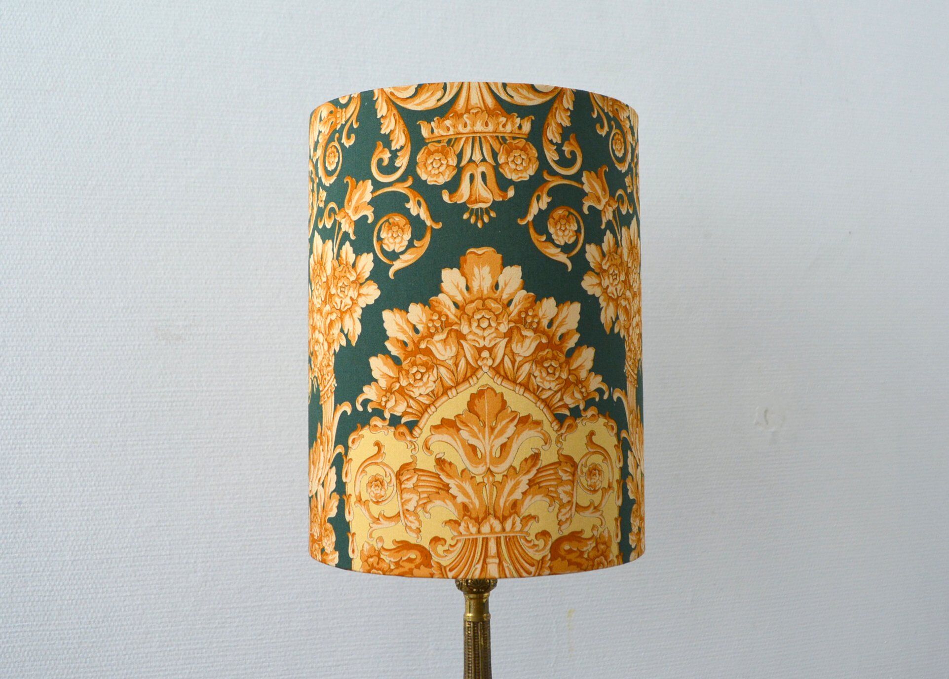 Fabric lampshade with baroque pattern, antique gold leaf design.