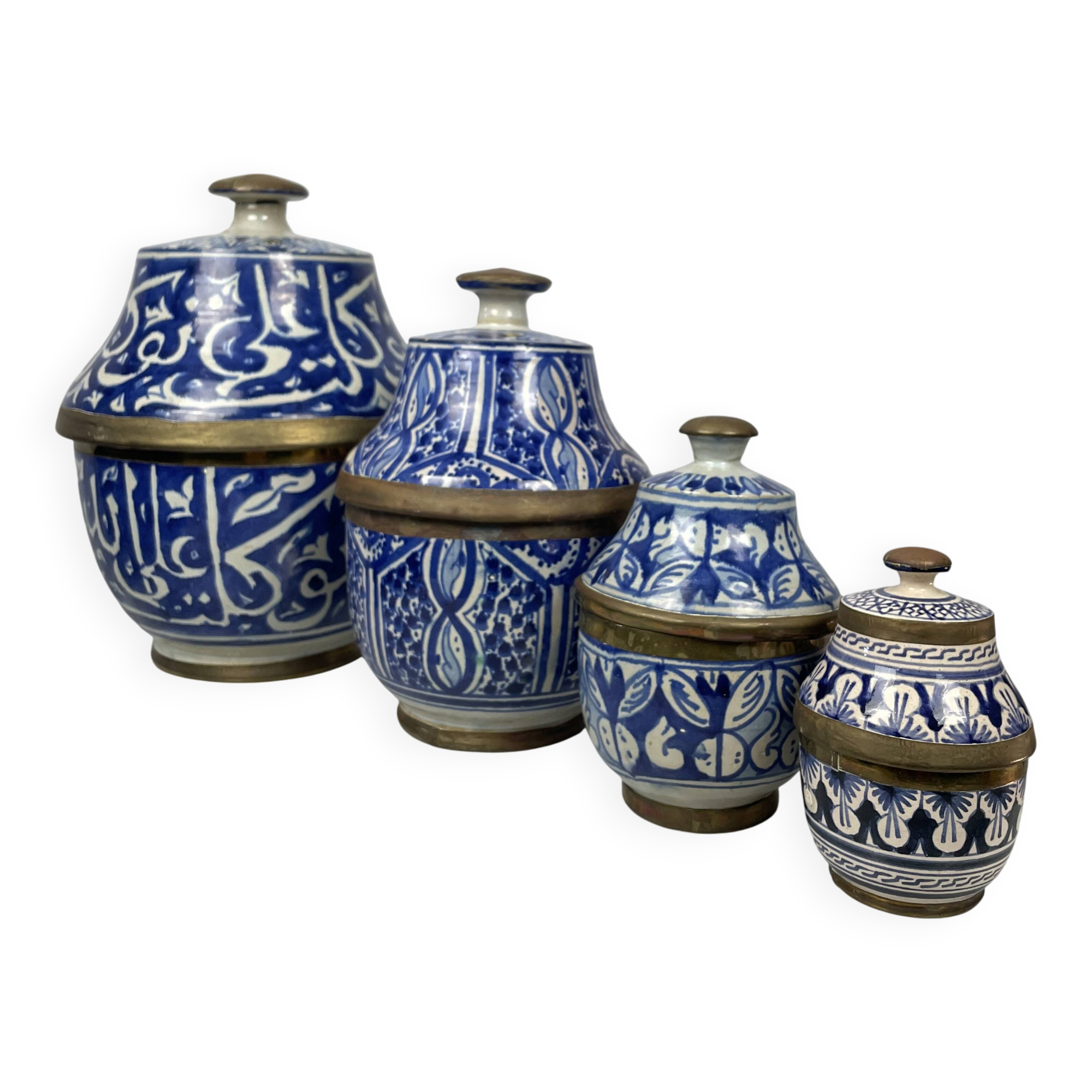 Ensemble 4 jarres marocaines Jobbanas - Céramique bleue de Fès