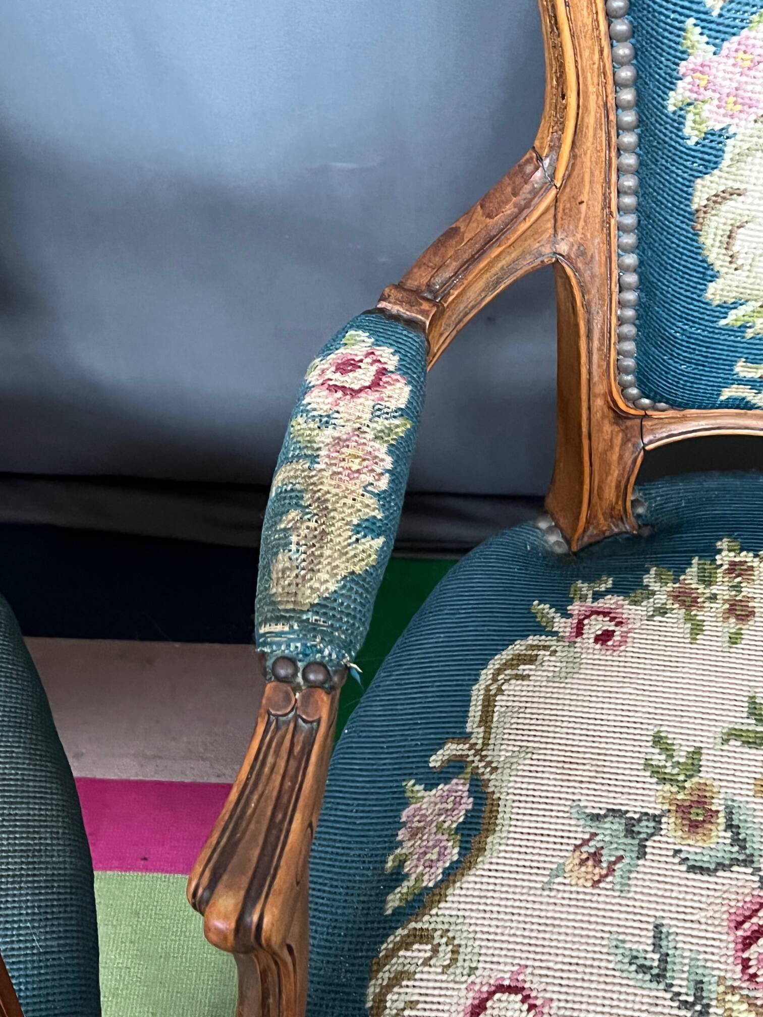 Pair of hand-embroidered armchairs. Walnut.