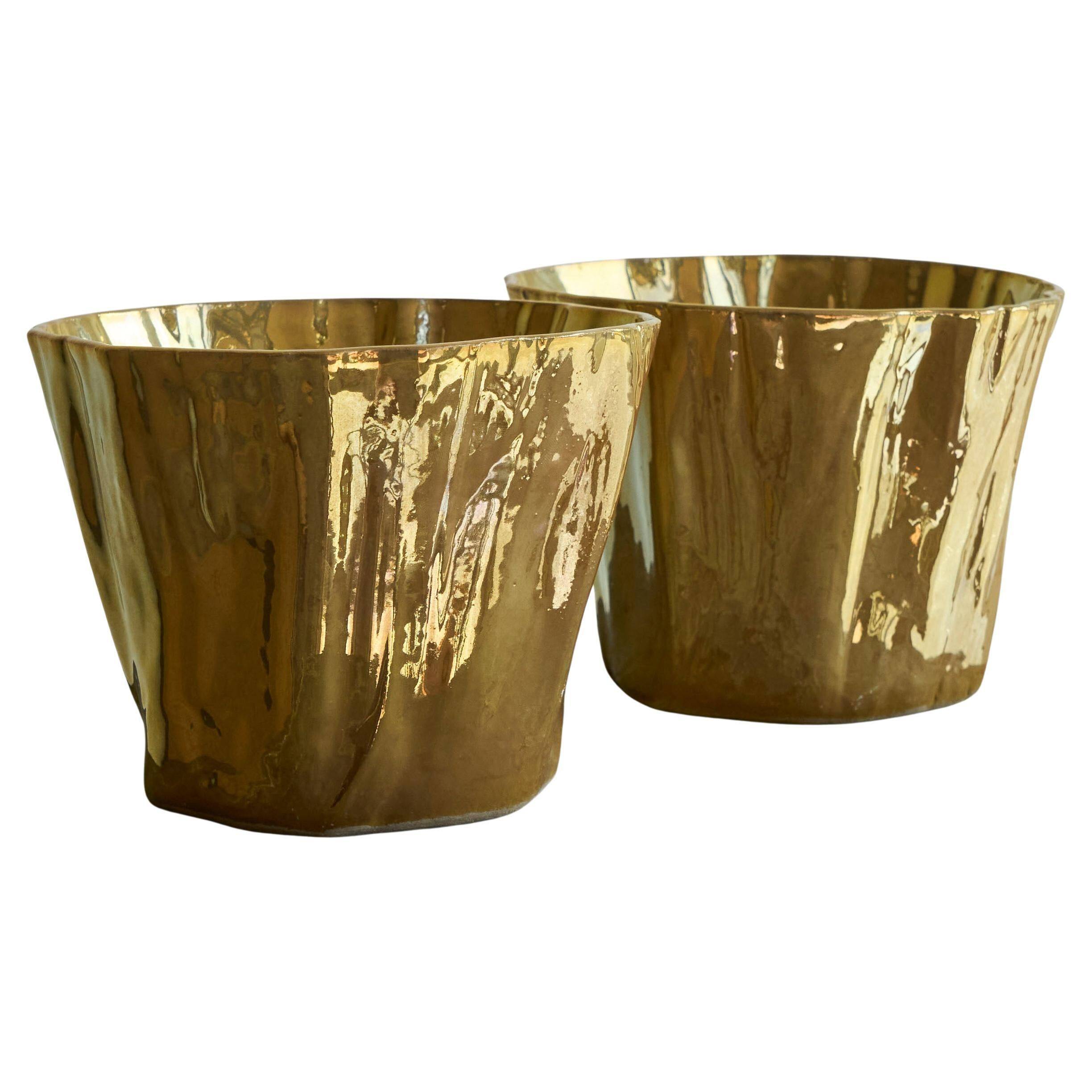 Pair of Kasper Mobach vases in pottery with golden glaze from the 1990s.