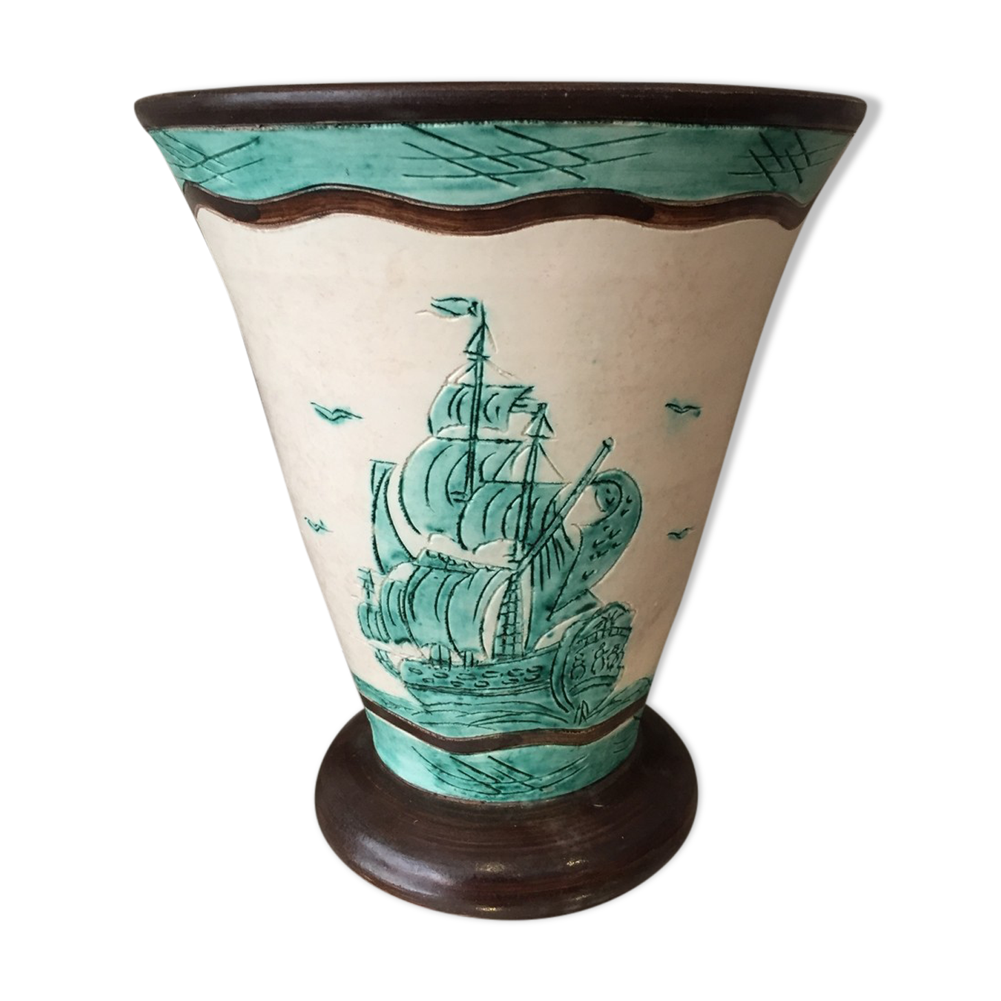 Ceramic vase jerome massier vallauris decor ship