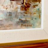 Mid-century oil on canvas painting" city street scene  " by moriani --vintage & framed