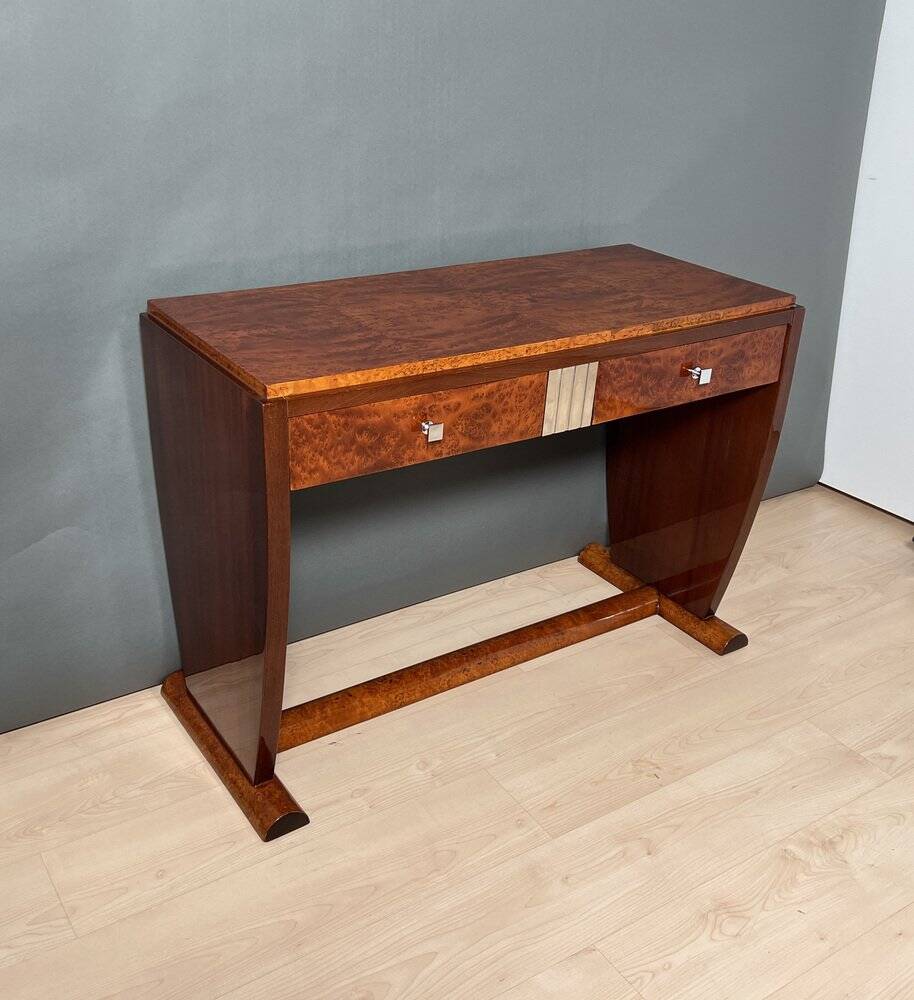 Art Deco Console Table in Thuja Roots, Birch and Silver-Plate, France, 1925