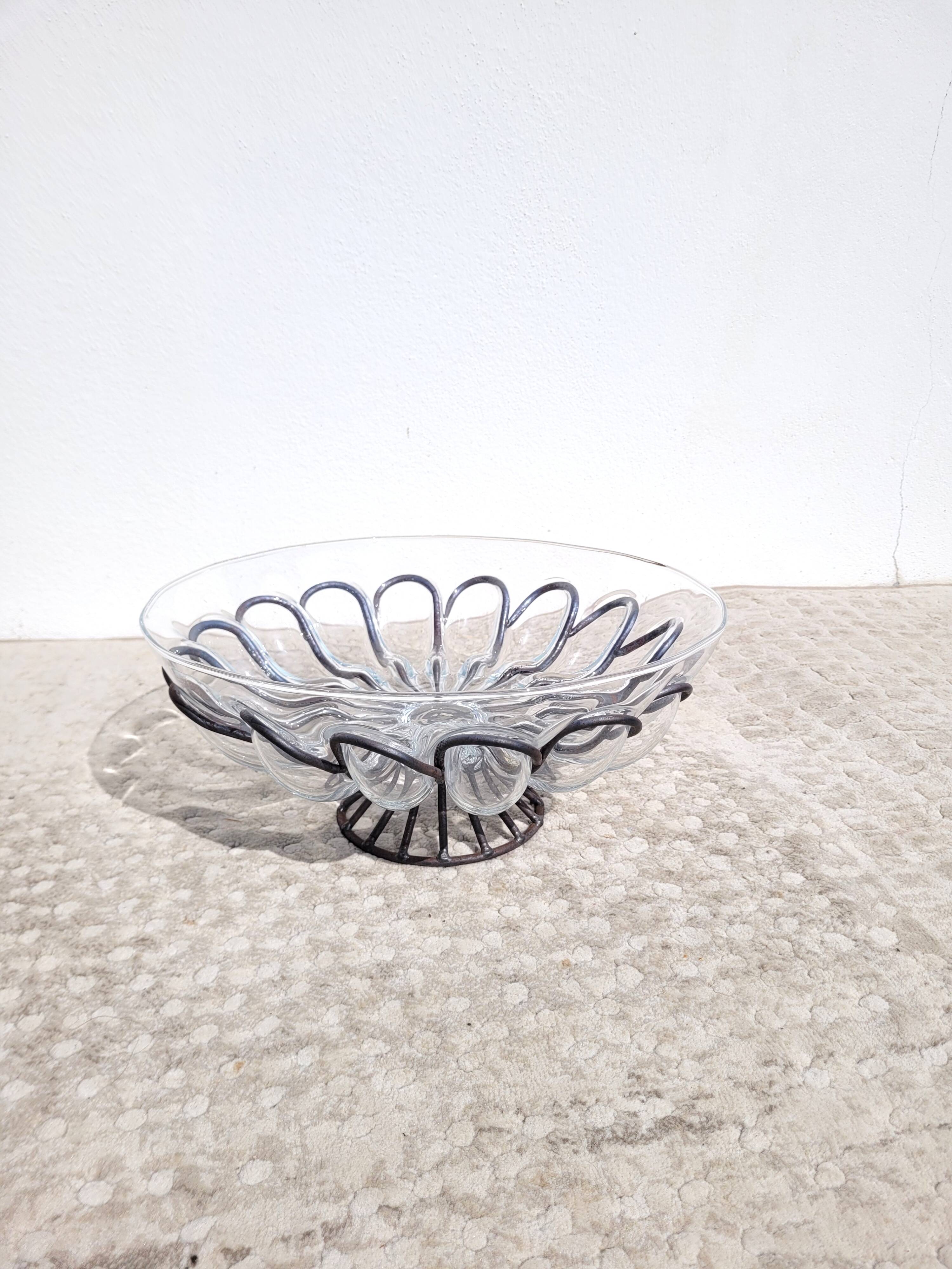 Large wrought iron and strained glass bowl