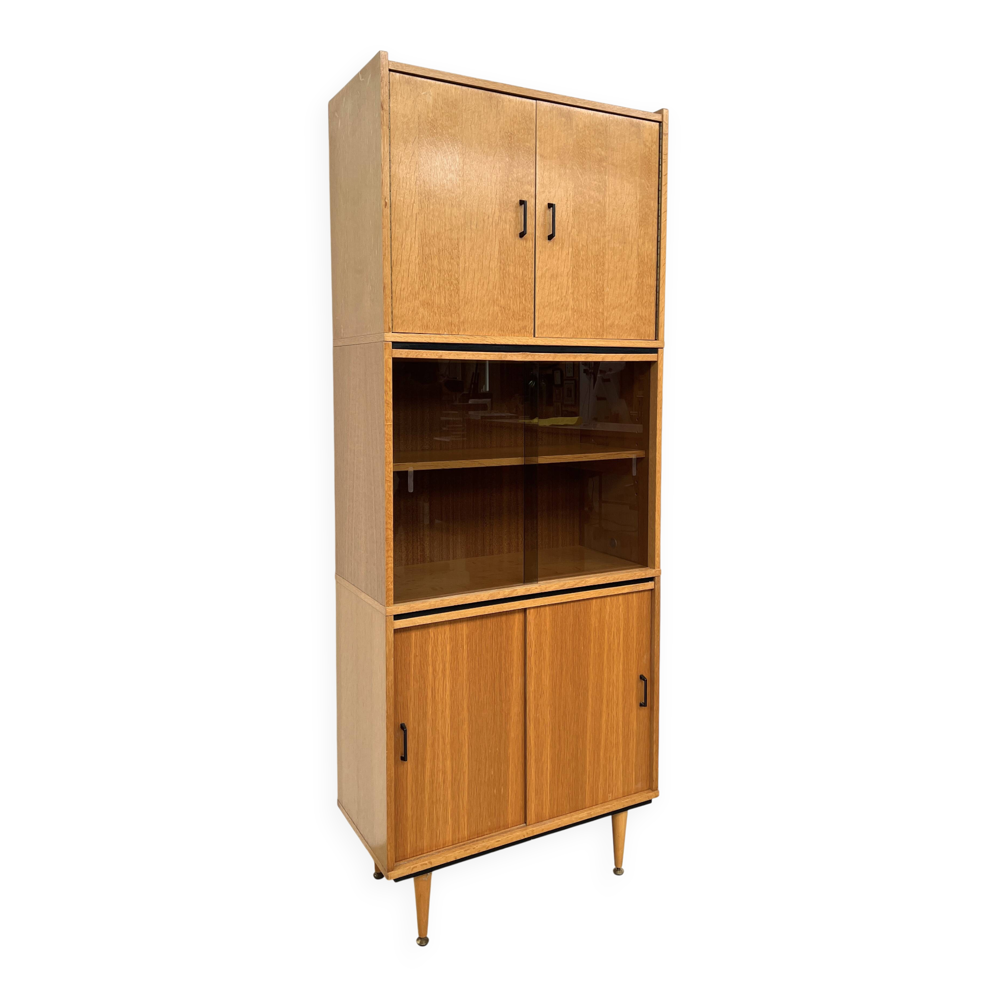 Bibliothèque vitrine modulable vintage – bois blond & verre fumé (189 cm)