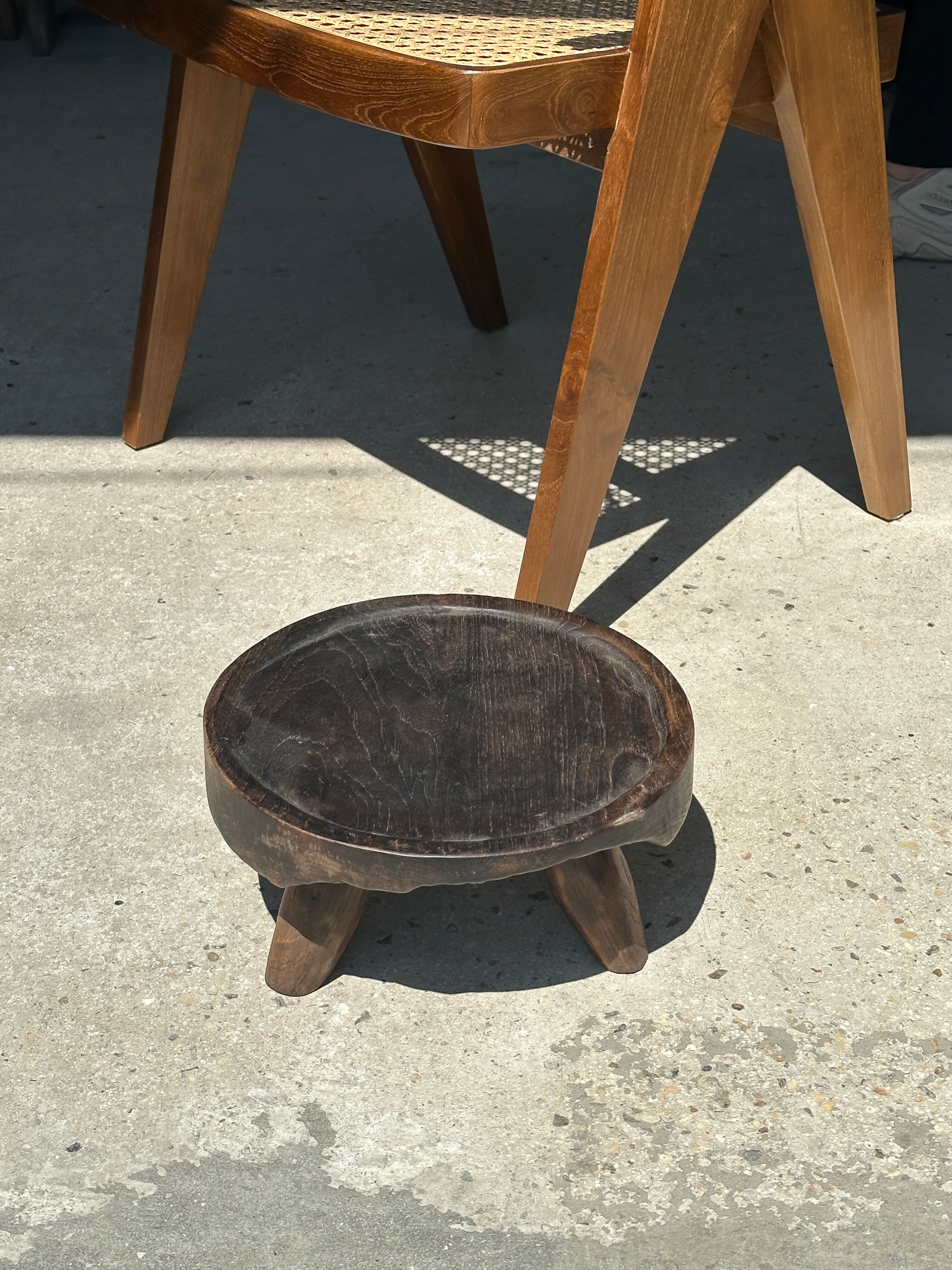 Small tripod stool low in dark brown upcycled teak