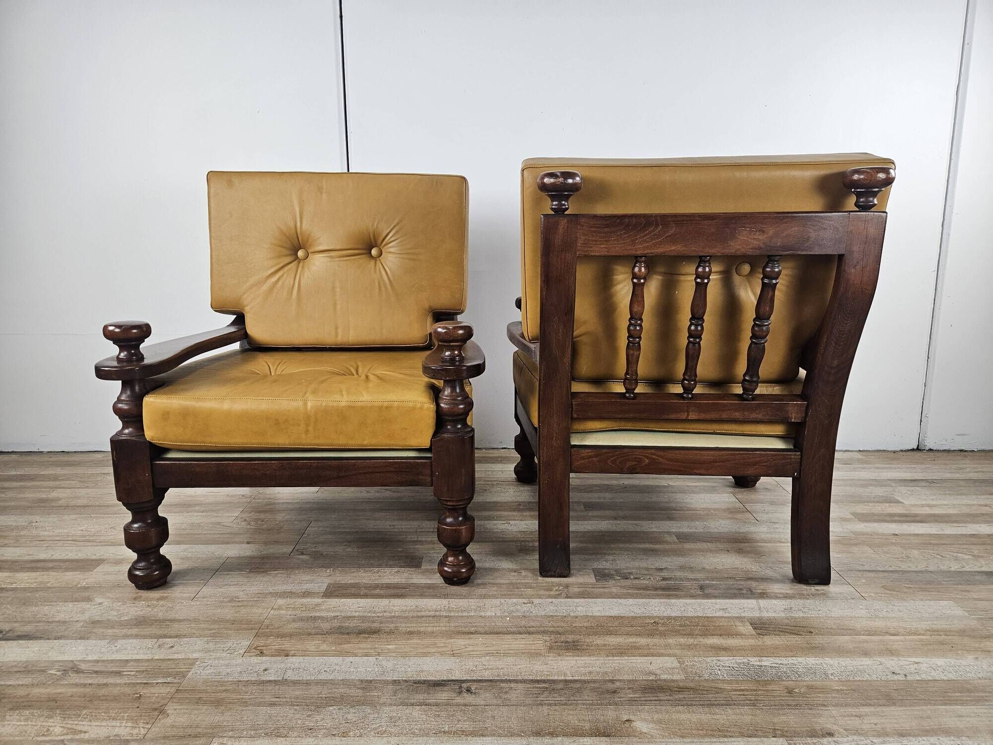 1980s leather and solid wood armchairs