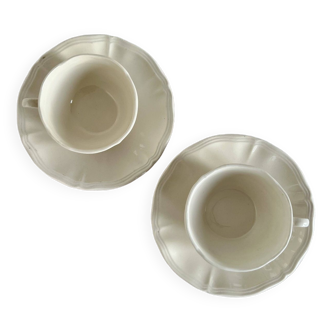 Pair of coffee cups and saucers vintage Sarreguemines earthenware classic romantic beige