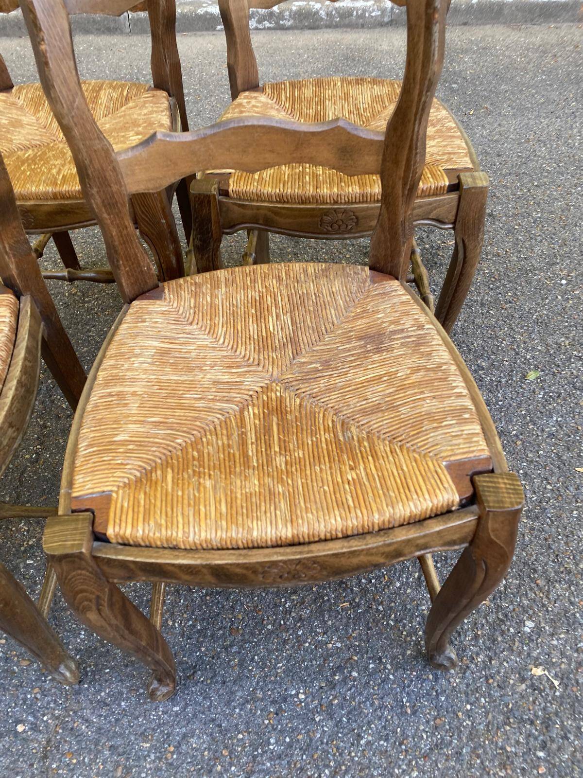 Set of 4 Vintage BAUMANN Chairs in Solid Wood with Rush Seating, Louis XV Style