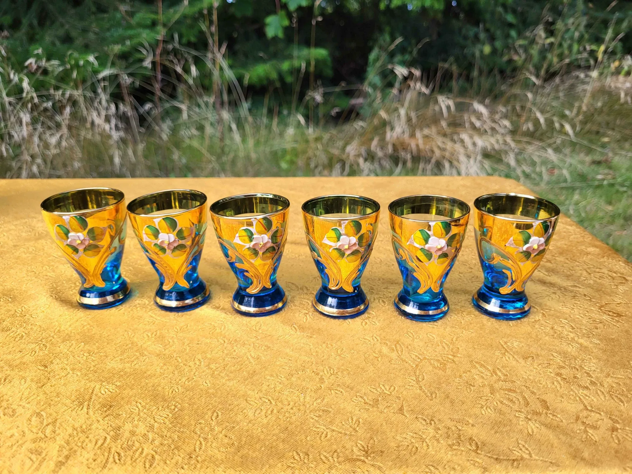 Vintage Murano Handmade Decanter Set - 24K Gold - Light blue 6 piece liquor