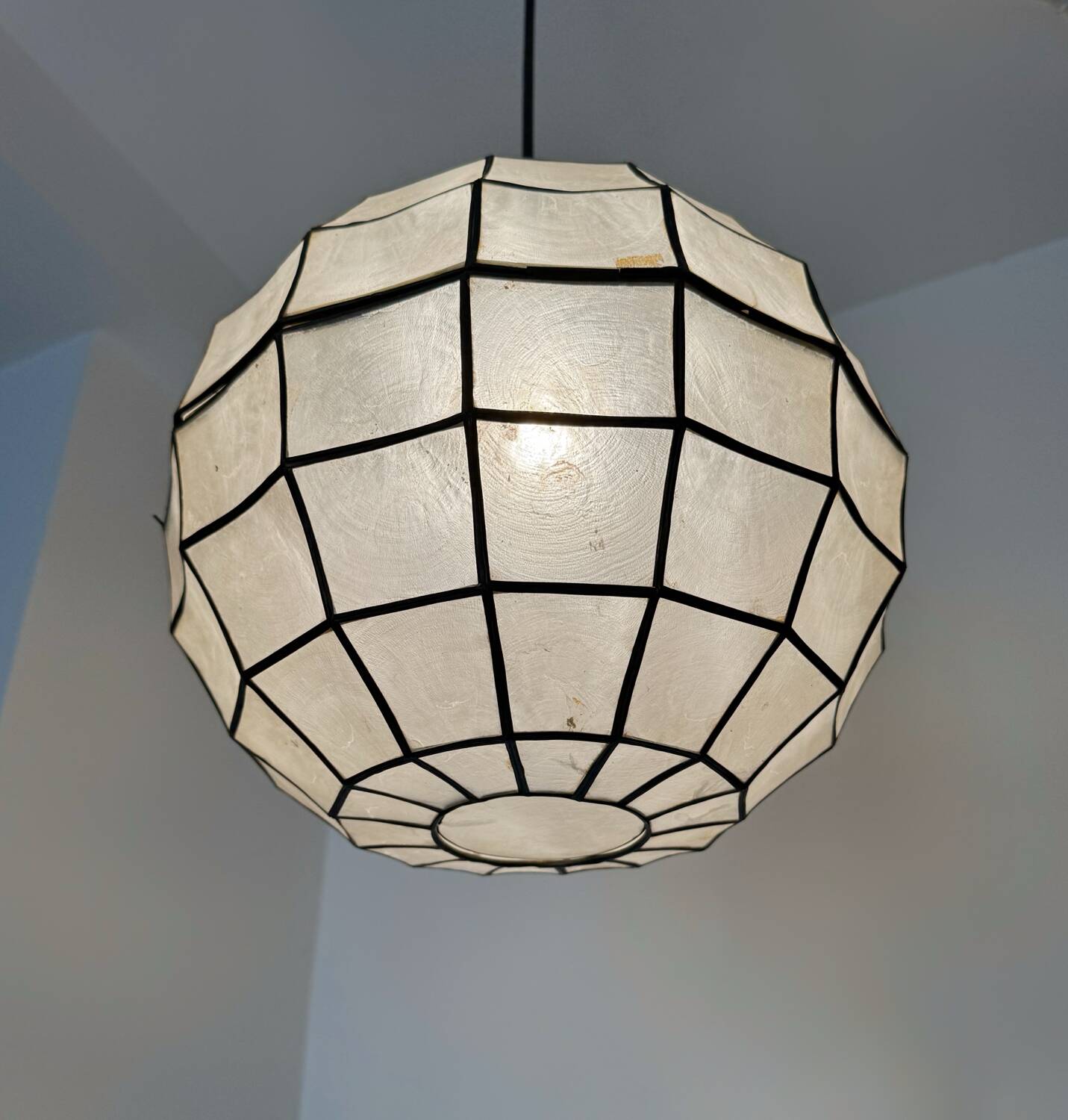 Brass and pearl spherical pendant light from the 60s