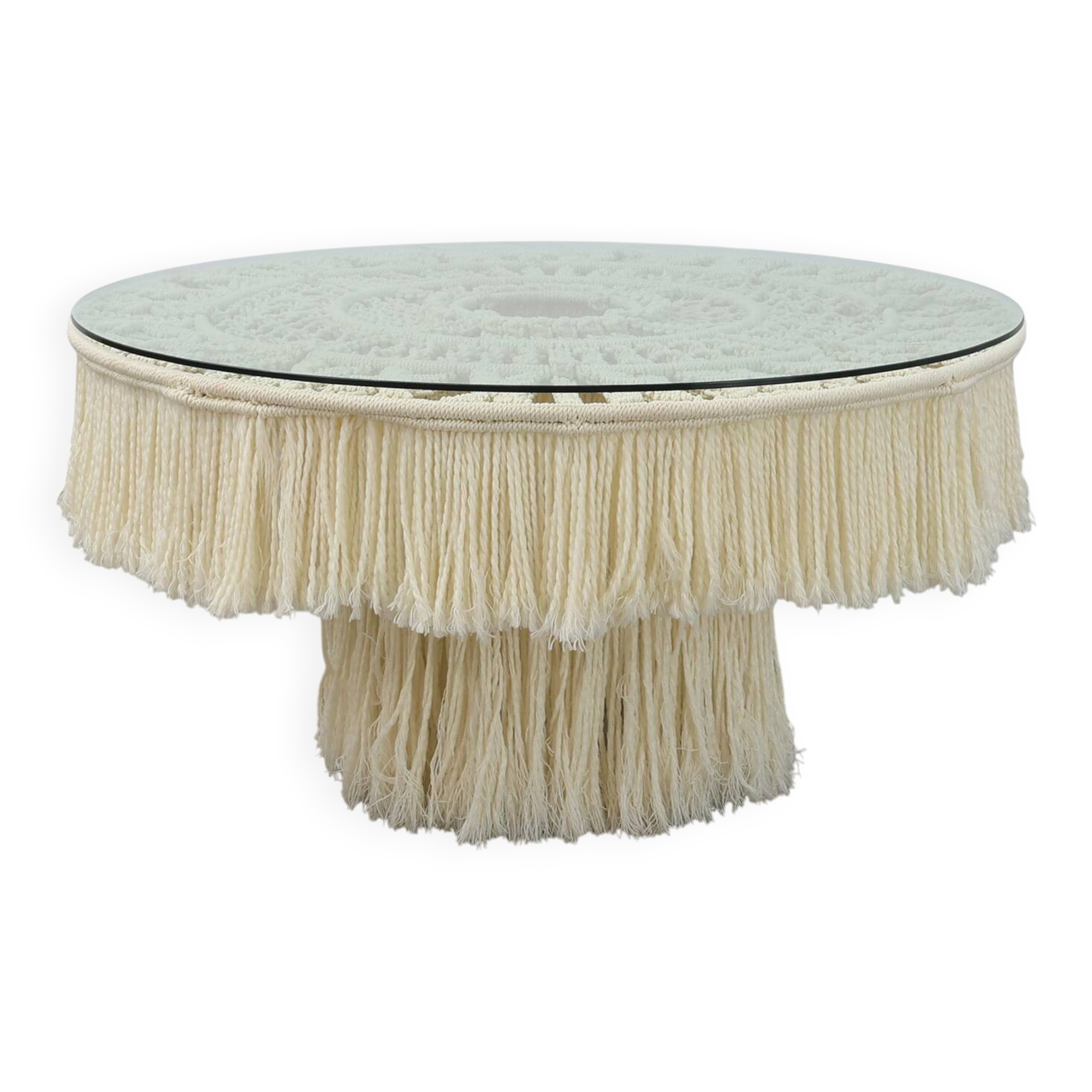Monumental dining table with glass top and macramé, Italy