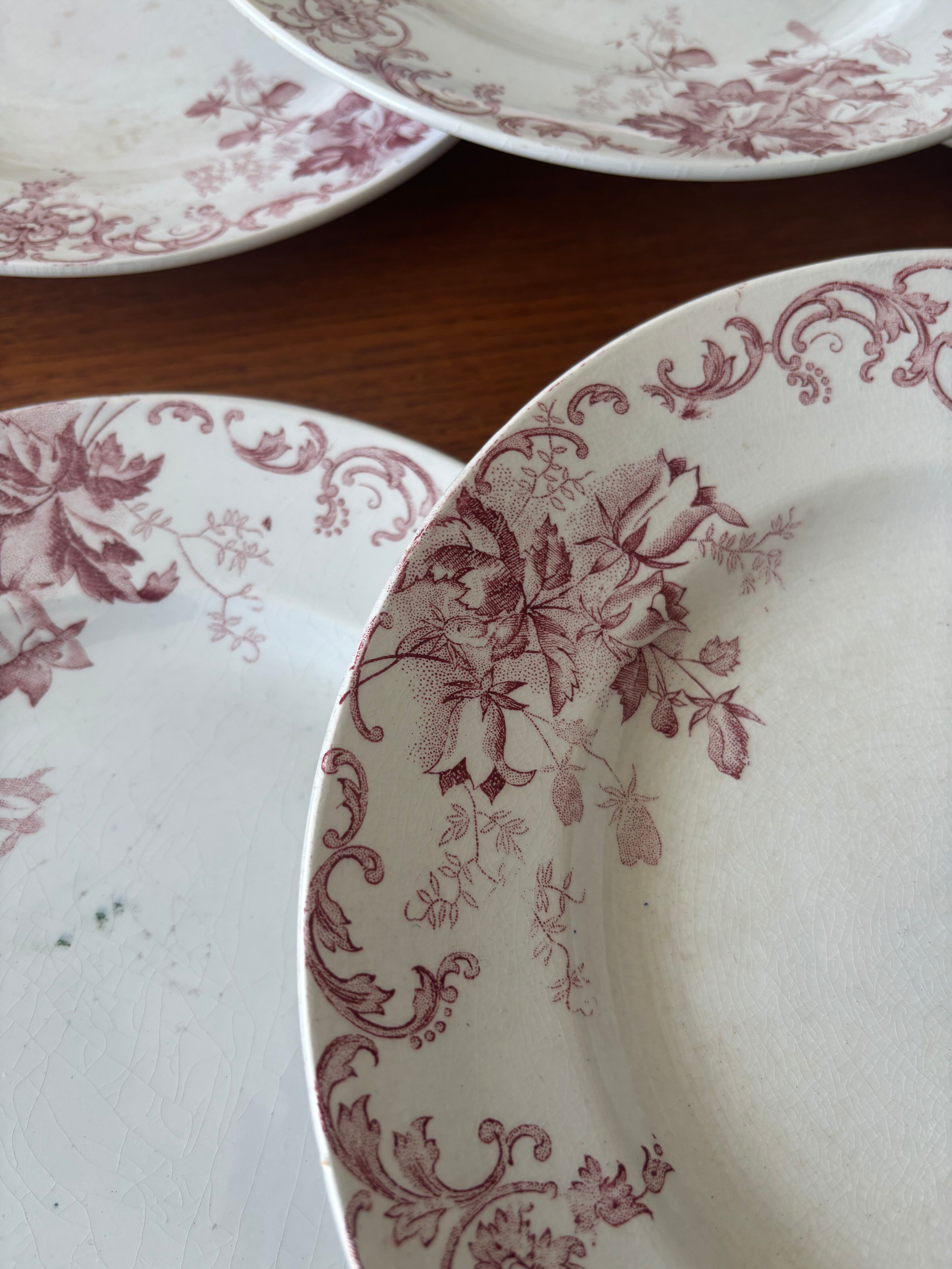 Set of 6 antique red Terre de Fer plates St Amand Hamage model