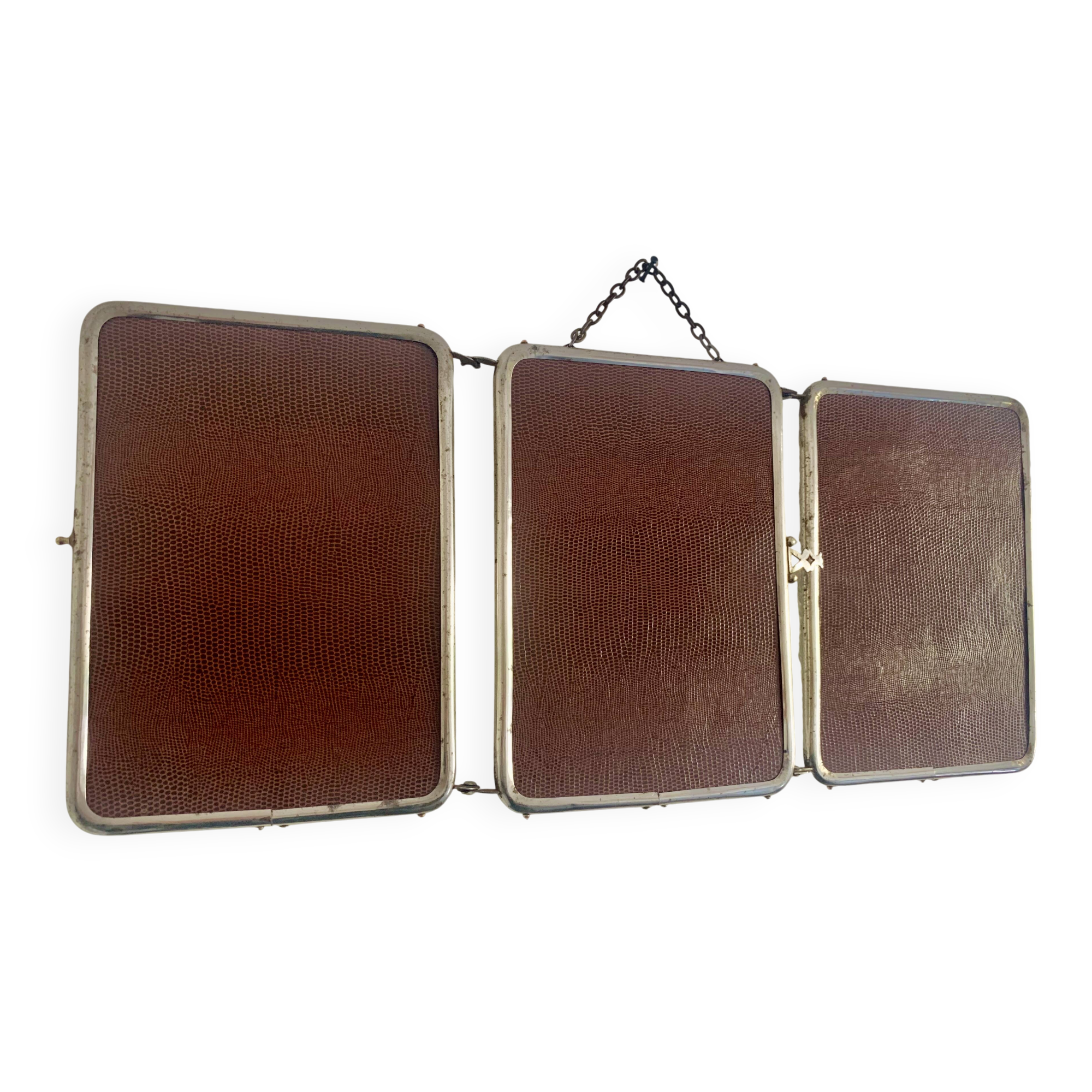 Vintage 1940s chocolate chrome barber triptych mirror - 21 x 49 cm