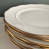 Set of 6 flat plates in white porcelain with gold borders