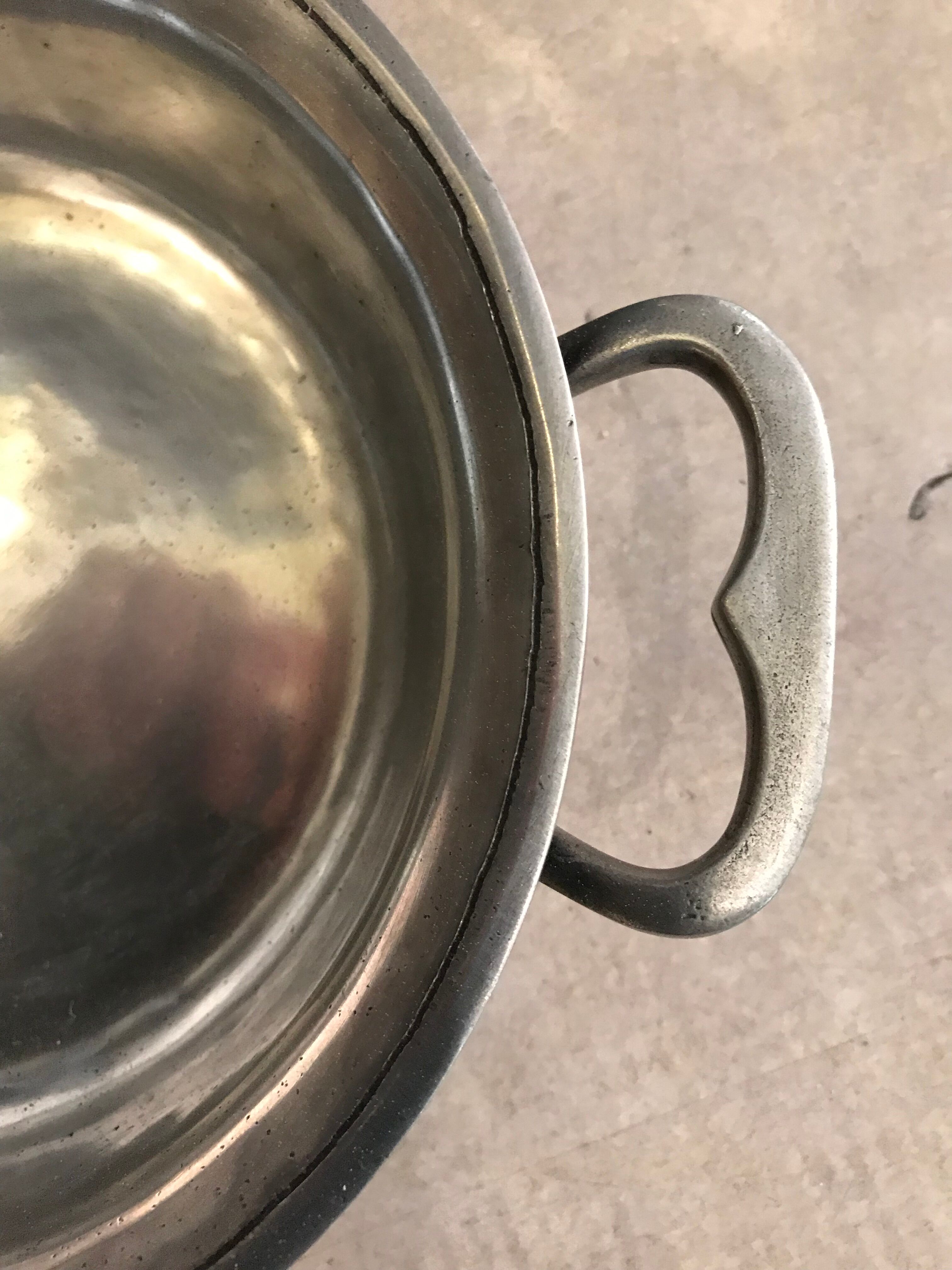 Patinated pewter dish brand pink design cut with handles 80s