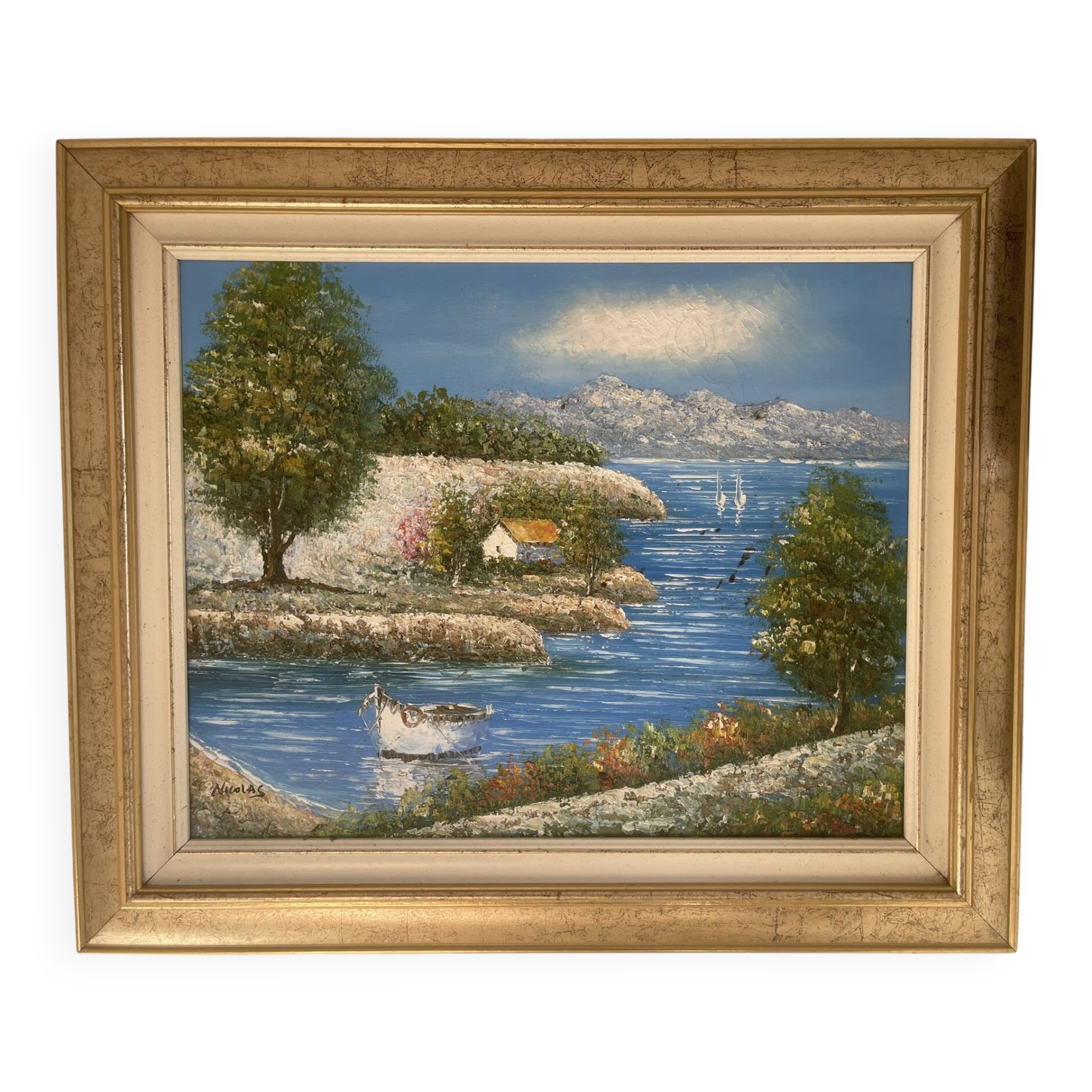 Old Oil Painting Canvas Sun Boat Sea Provence Sailor 50x40