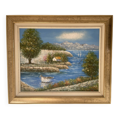 Ancien Tableau Peinture Huile Toile Soleil Bateau Mer Provence Marin 50x40