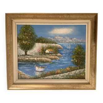 Old Oil Painting Canvas Sun Boat Sea Provence Sailor 50x40