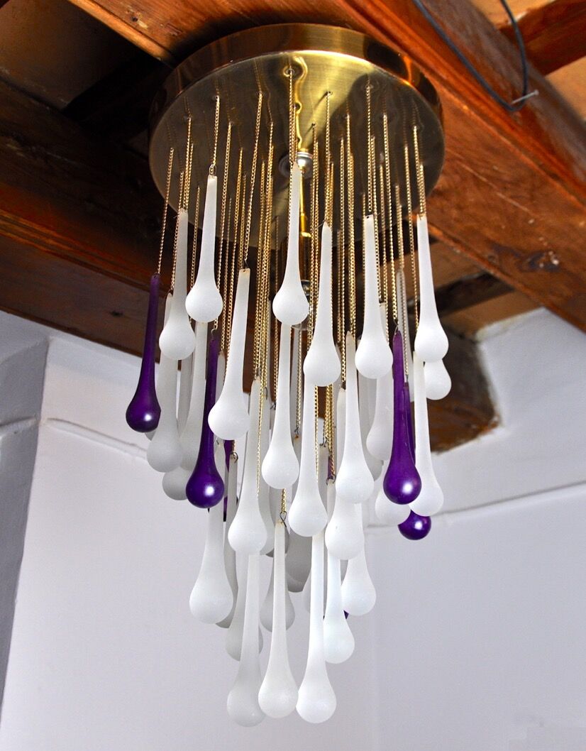 Venini waterfall ceiling lamp, murano crystals, two-tone purple and white, Italy, 1960