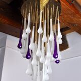 Venini waterfall ceiling lamp, murano crystals, two-tone purple and white, Italy, 1960