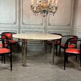 Dining table in chromed metal and matt gold, travertine shelf circa 1980