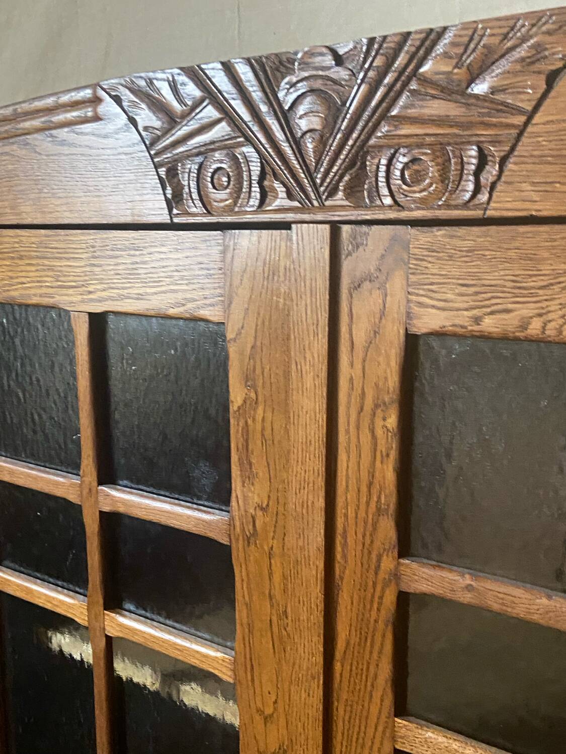 Small Art Deco period oak cabinet with glass front