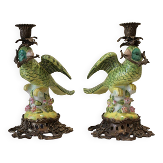 Pair of earthenware parrots with bronze mounts, 20th century