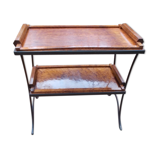 Table basse ou d'appoint en fer forgé et ronce d'acajou massif