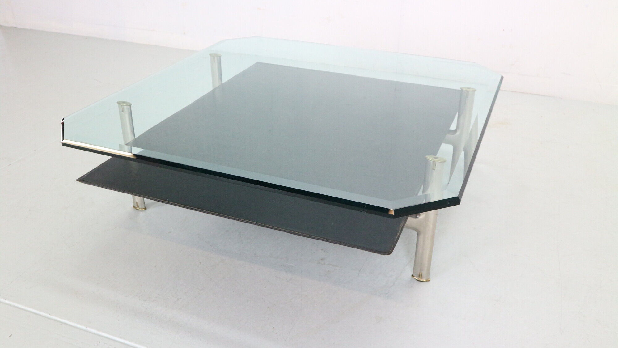B&B Italia 'Diesis' Two-Tier Glass and Leather Coffee Table by Antonio Citterio